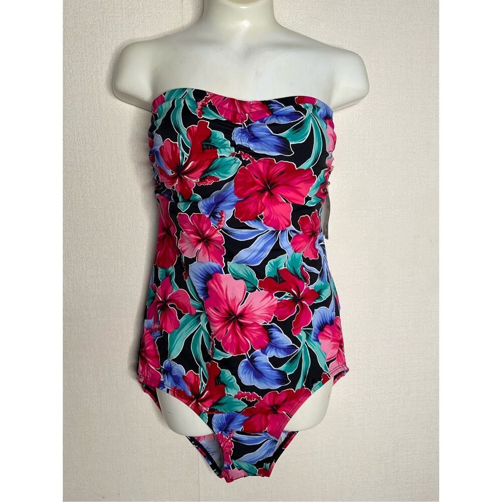 Jantzen Women's One Piece Swimsuit Size 12 Tropical Floral Halter Tummy Control‎